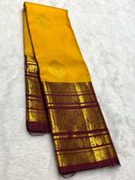 Load image into Gallery viewer, Mango Yellow &amp; Mahogany Red 2gm Zari Kanchipuram Handloom Silk Saree SS25828
