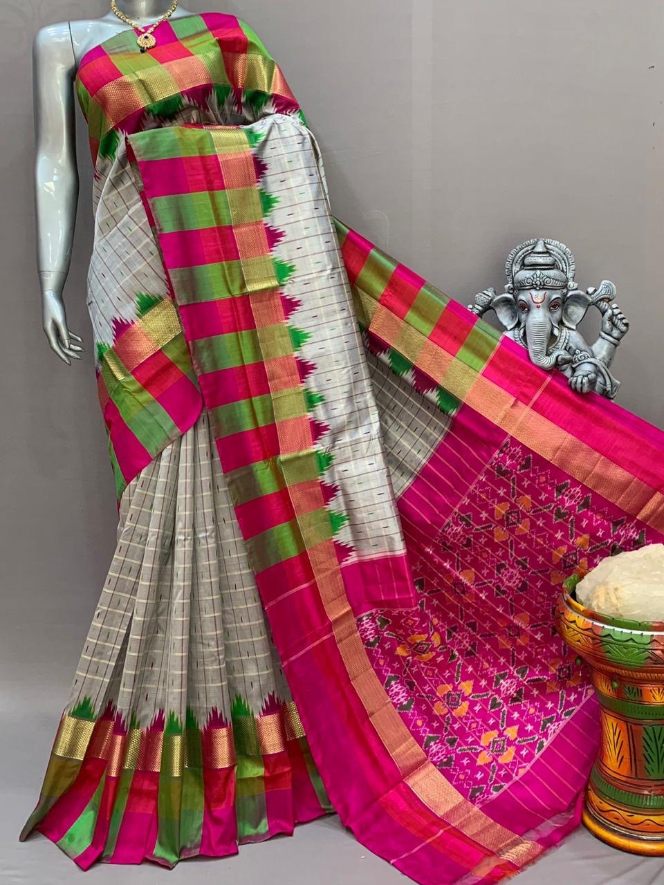 Classic Pale Grey & Deep Pink Ikkat Elegance Handloom Soft Silk Saree SS23124