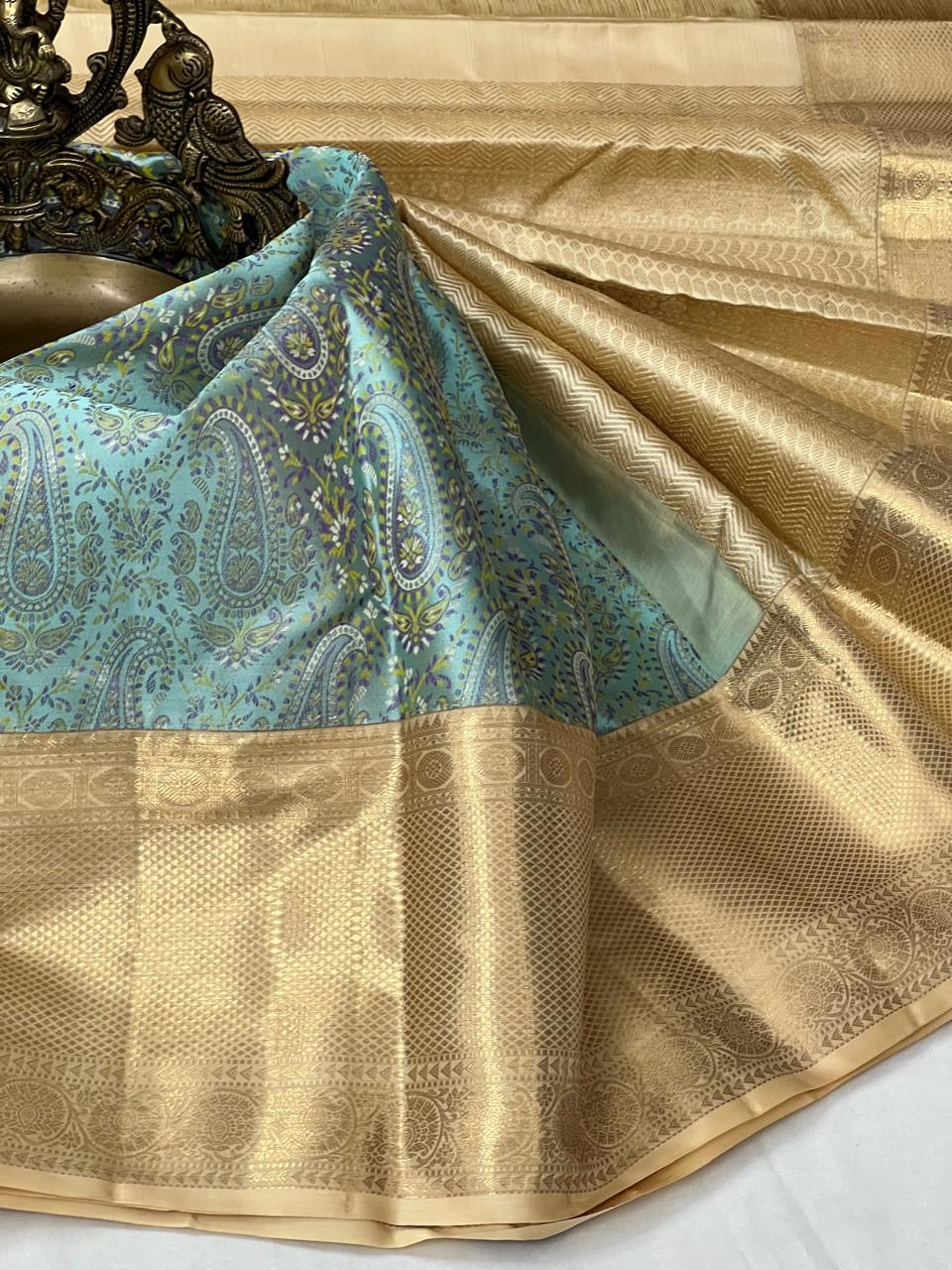 Classic Ice Blue & Beige 2gm Zari Elegance Kanchipuram Silk Saree SS23892