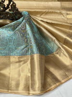 Load image into Gallery viewer, Classic Ice Blue &amp; Beige 2gm Zari Elegance Kanchipuram Silk Saree SS23892
