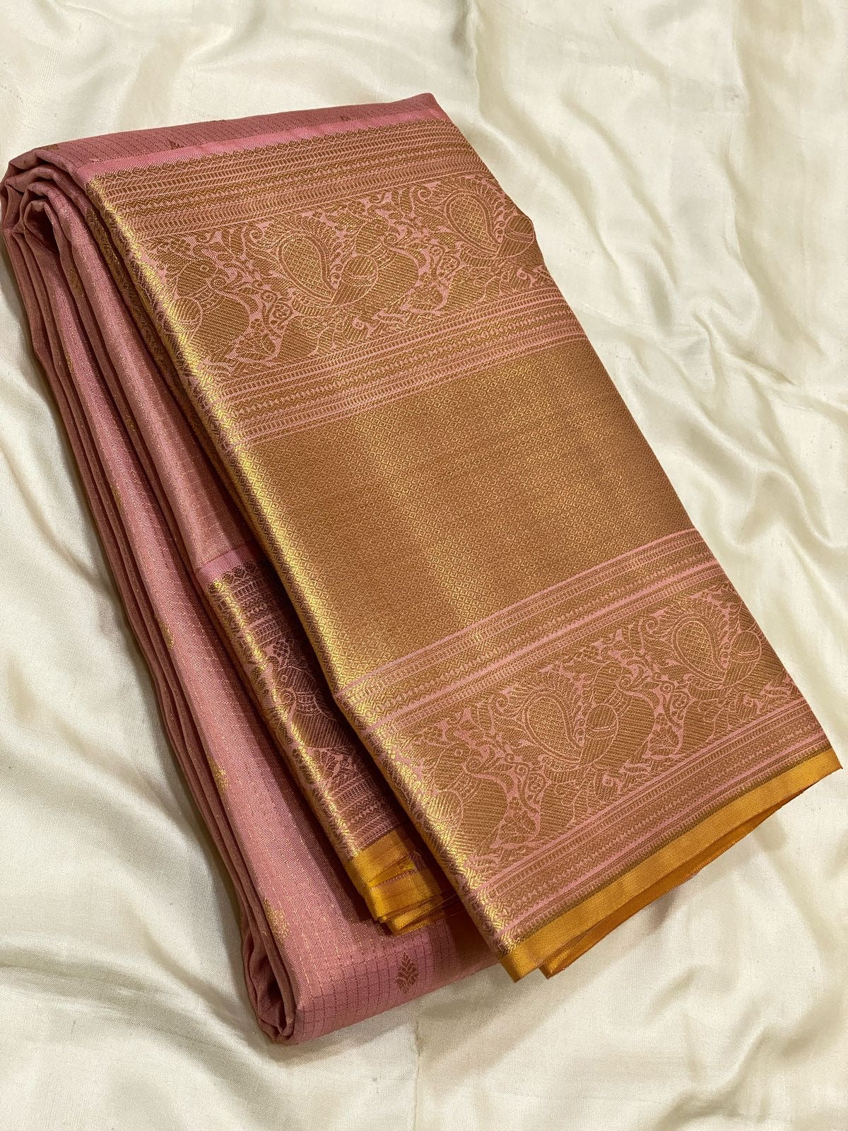 Classic Dusky Pink & Mustard Yellow Brocade 2gm Zari Bridal Elegance Kanchipuram Handloom Silk Saree SS24379