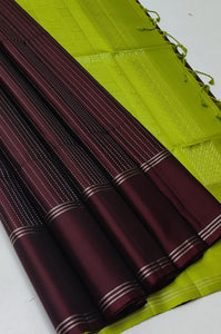 Classic Mud Chocolate & Lime Green Double Warp Elegance Handloom Soft Silk Saree SS23531