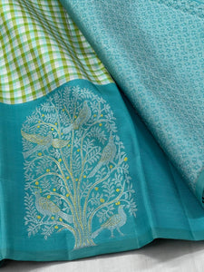 Classic Checker Green & Blue 2gm Zari Elegance Kanchipuram Handloom Silk Saree SS25237