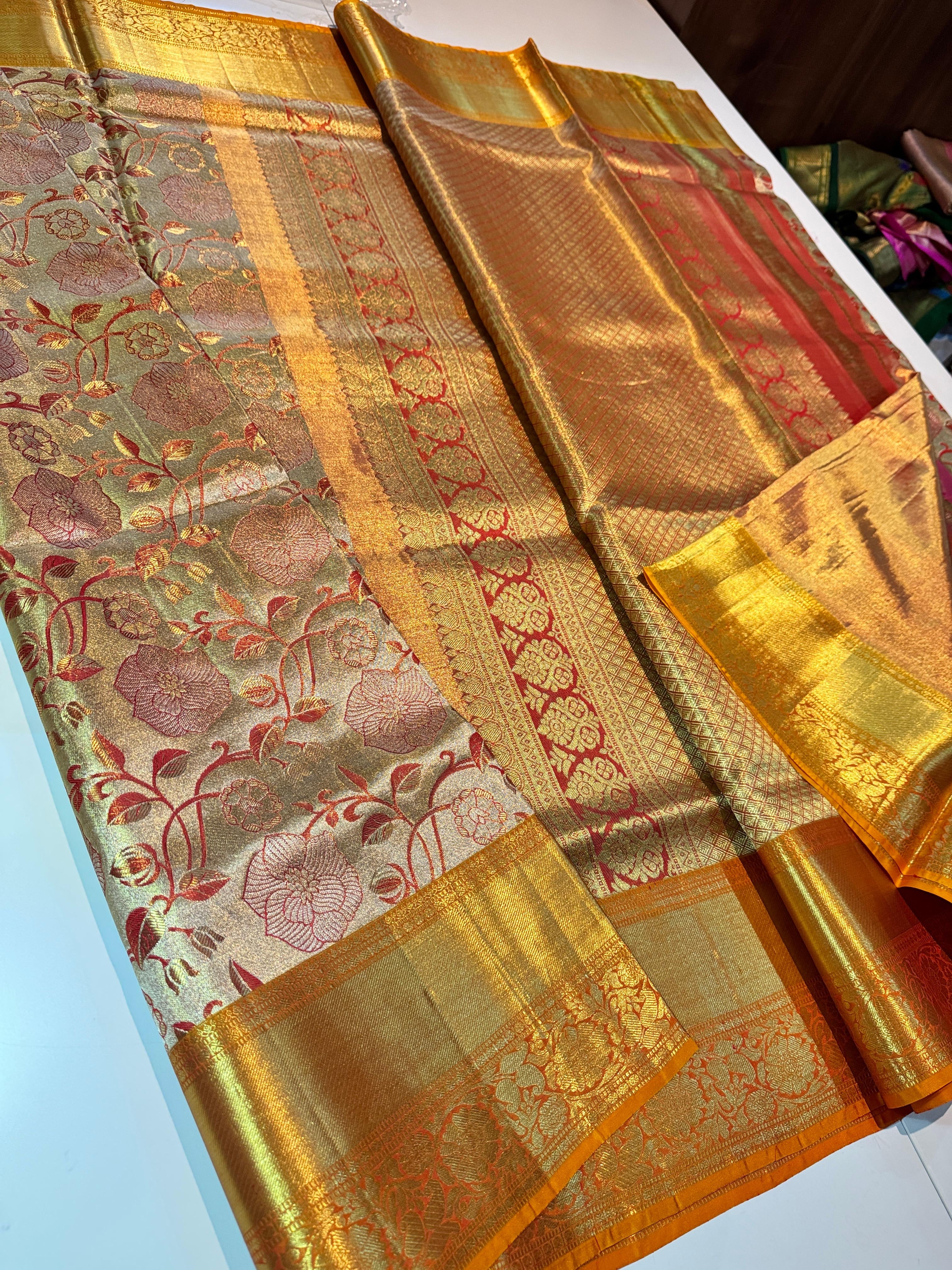 Classic Shimmer Mustard Elegance Kanchipuram Tissue Handloom Silk Saree SS24510