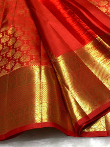 Classic Deep Orange 2gm Zari Bridal Elegance Kanchipuram Handloom Silk Saree SS25449