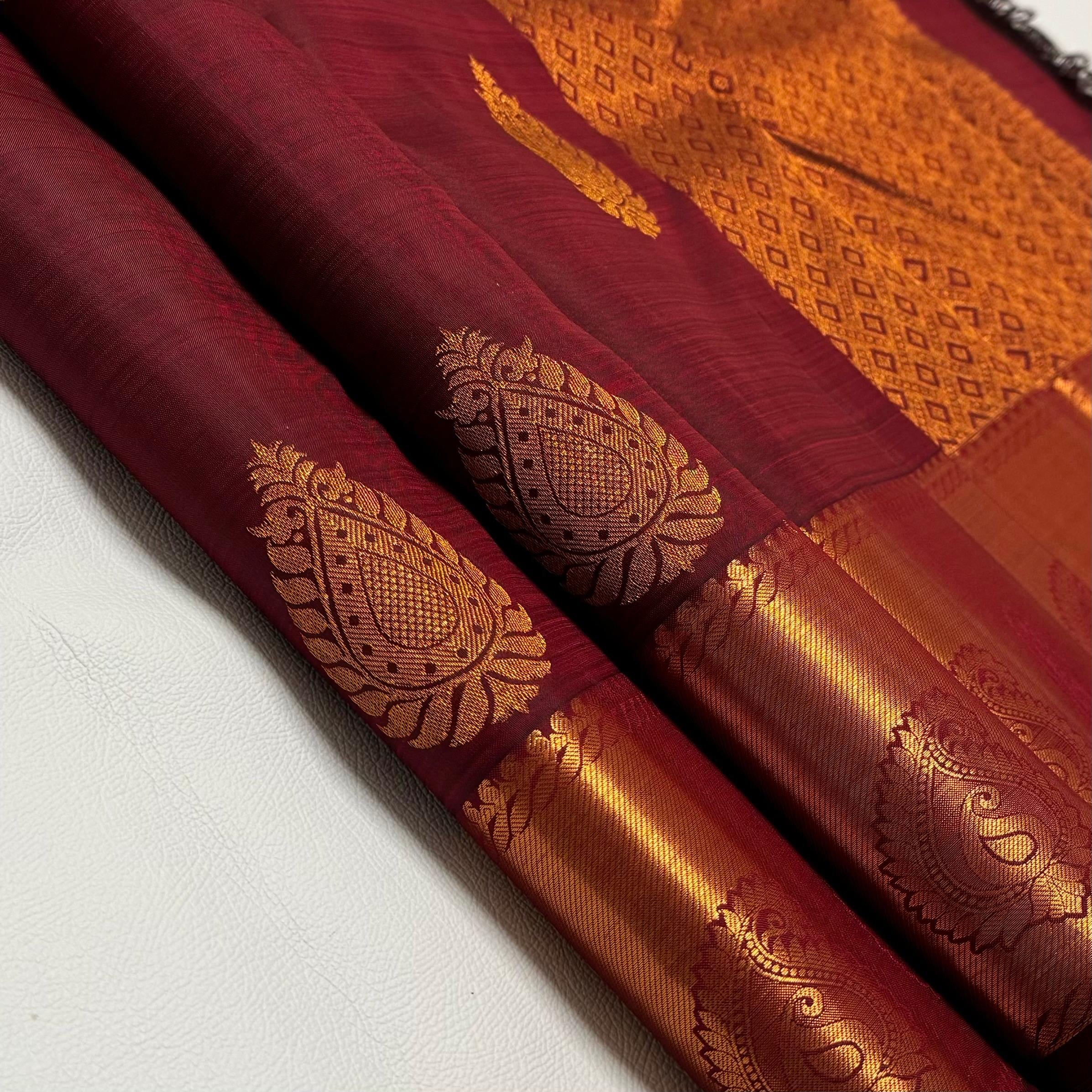 Classic Brown Red Rose Gold Zari Elegance Kanchipuram Handloom Silk Saree SS23586