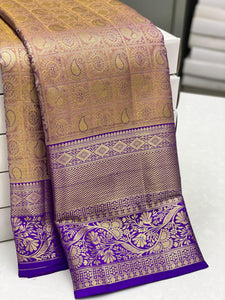 Classic Golden Beige & Lavender 1gm Zari Kanchipuram Handloom Silk Saree SS25699
