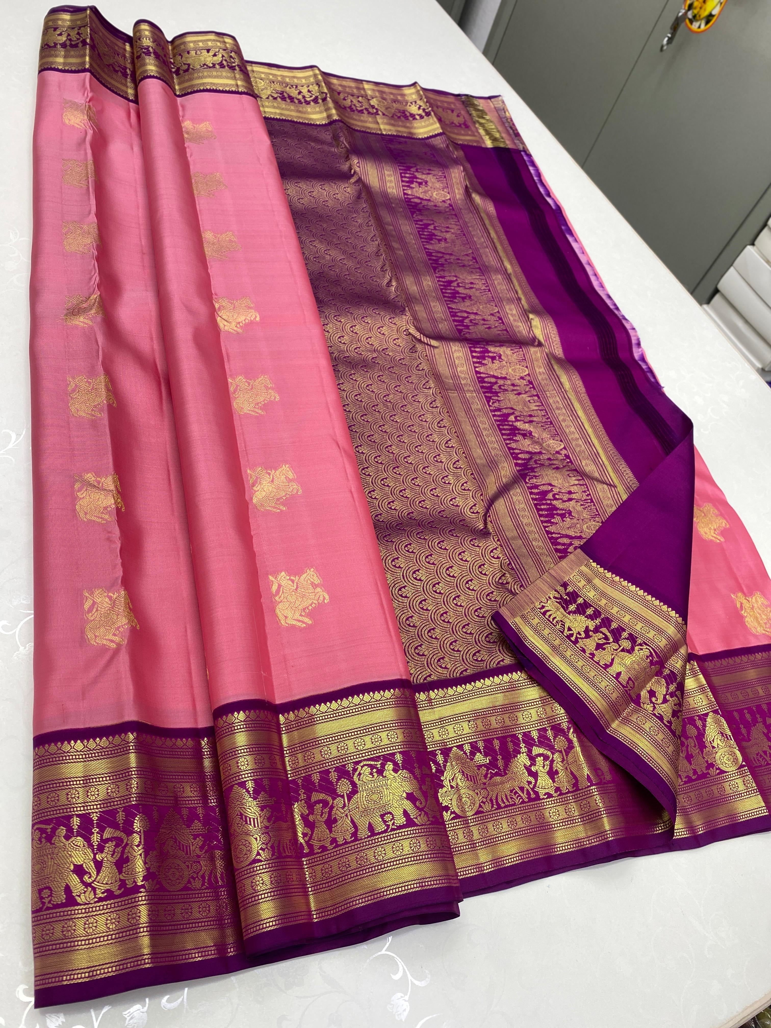 Classic Pastel Rose & Purple Plum Elegance Kanchipuram Handloom Silk Saree SS24122