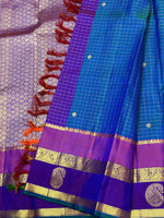 Load image into Gallery viewer, Classic Peacock Blue &amp; Fuchsia Pink Oosi Checks 2gm Zari Elegance Kanchipuram Handloom Silk Saree SS27201
