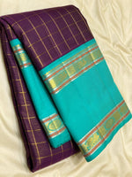 Load image into Gallery viewer, Classic Plum &amp; Turquoise Green 2gm Zari Vaira Oosi Checks Butta Kanchipuram Handloom Silk Saree SS26322
