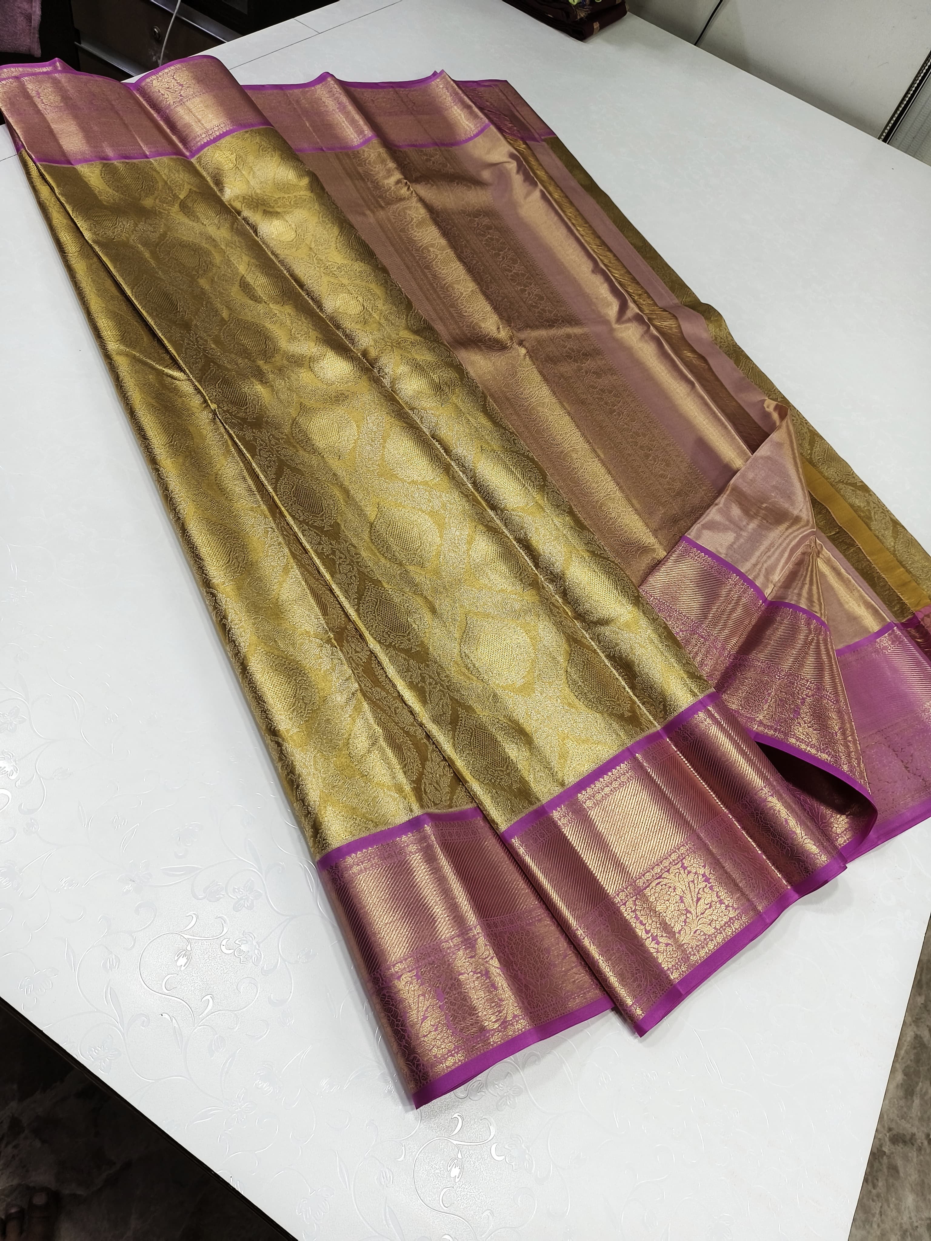 Antique Gold & Lilac Pink 2gm Zari Bridal Elegance Kanchipuram Handloom Silk Saree SS23869