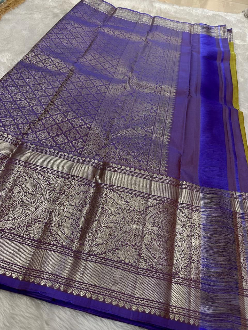 Classic Fern Green & Lavender Elegance Kanchipuram Handloom Silk Saree SS24539