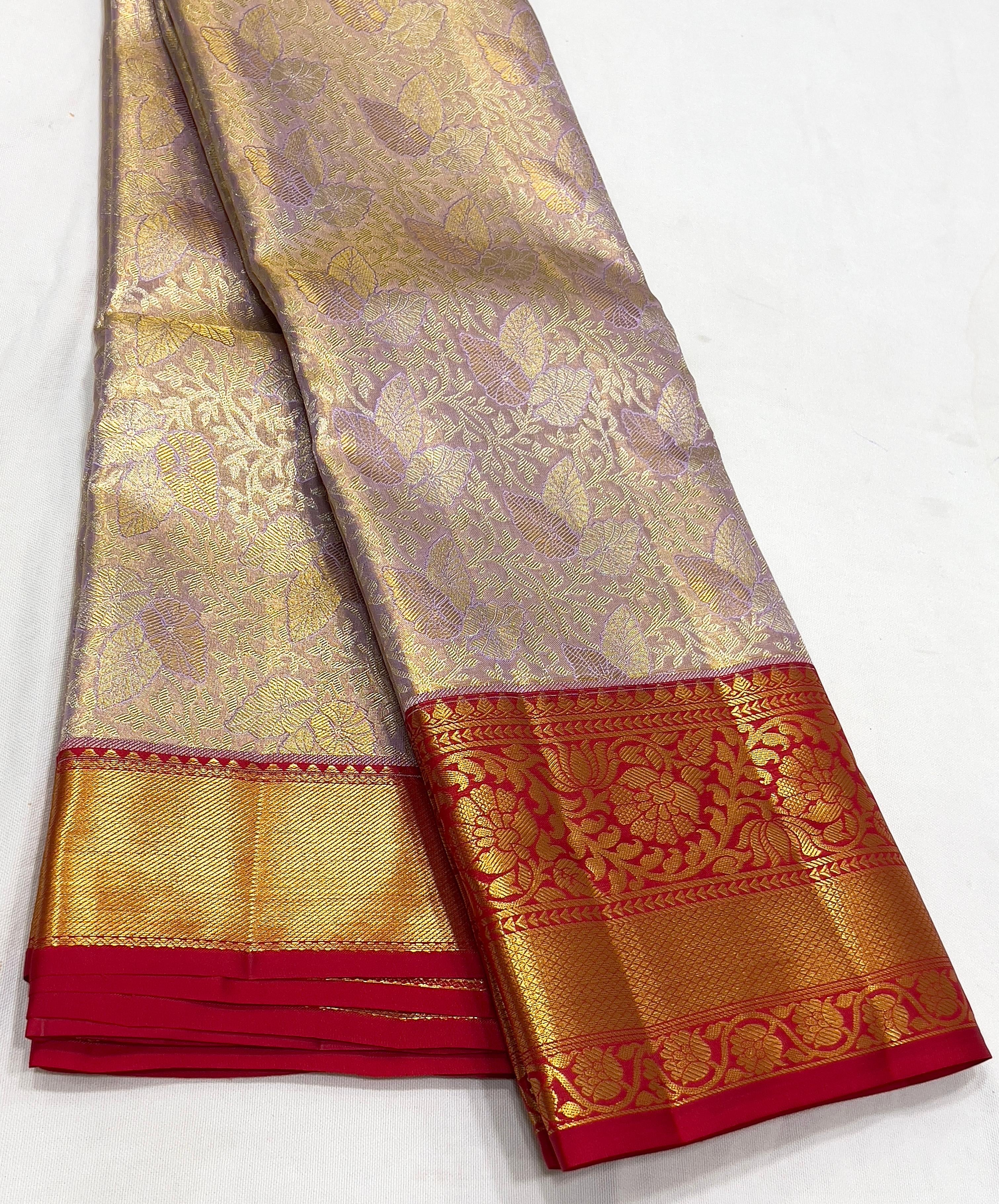 Classic Beige & Crimson Red 1gm Zari Bridal Elegance Kanchipuram Handloom Silk Saree SS24110