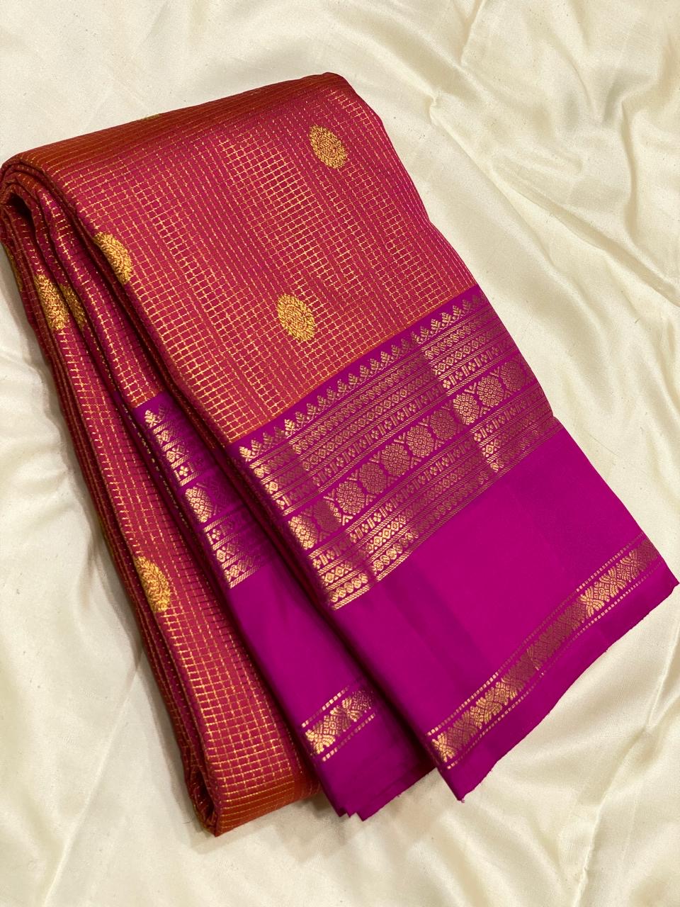 Classic Brick Orange & Fuchsia Pink 2gm Zari Elegance Kanchipuram Handloom Silk Saree SS25168
