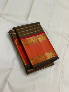 Classic Moss Brown & Orange 2gm Zari Elegance Kanchipuram Handloom Silk Saree SS24449