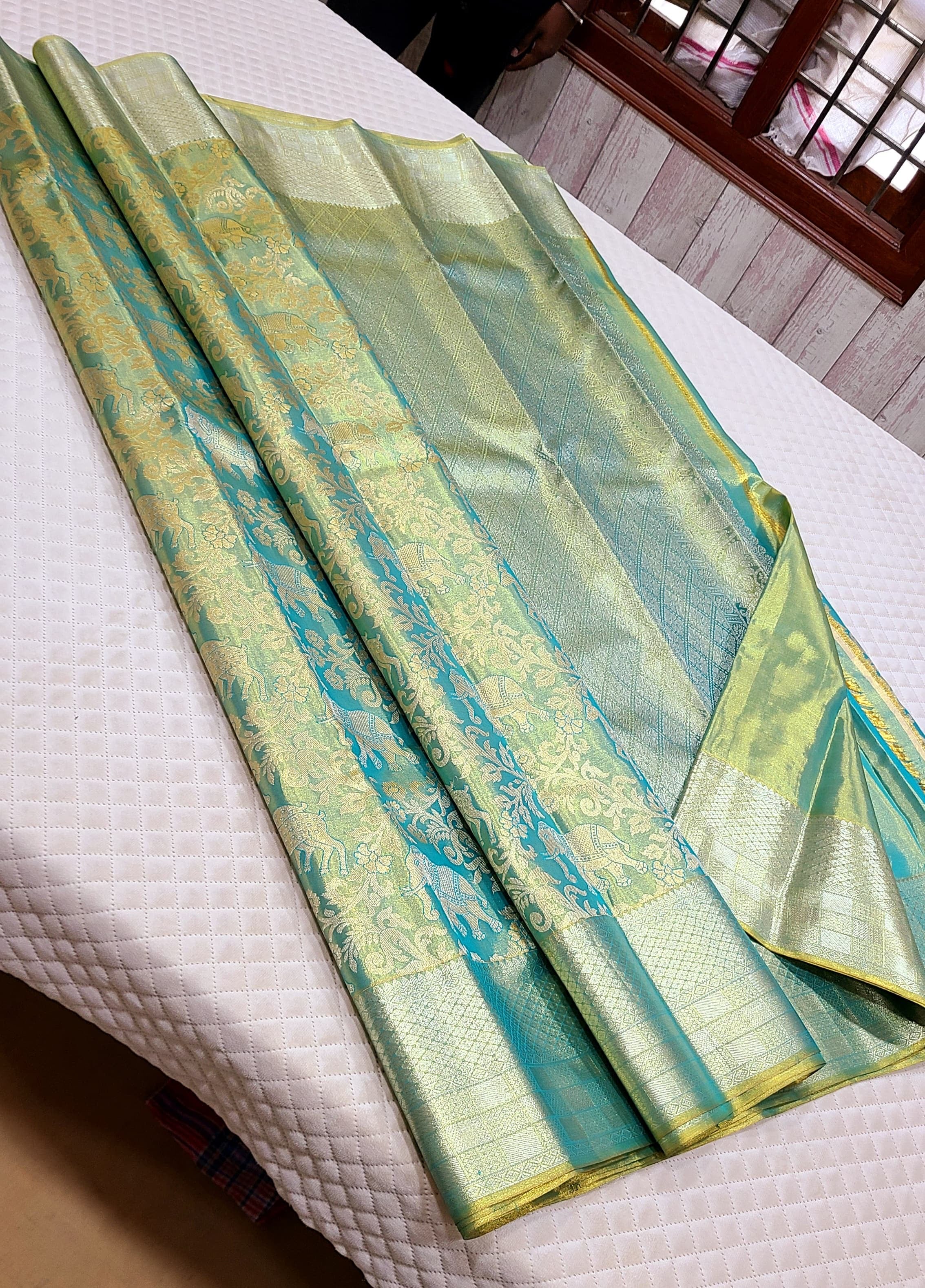 Classic Pastel Ice Blue 1gm Zari Bridal Tissue Elegance Kanchipuram Handloom Silk Saree SS26357