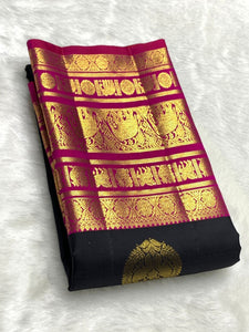 Classic Charcoal Black & Dark Pink 2gm Zari Kanchipuram Handloom Silk Saree SS25826