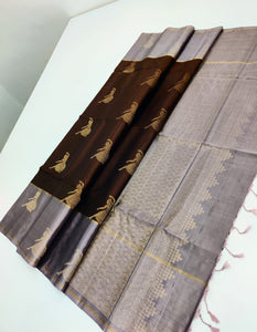 Classic Espresso Brown & Pastel Grey Elegance Handloom Soft Silk Saree SS24100