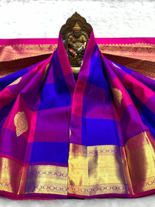 Classic Royal Blue & Purple Pink 2gm Zari Kanchipuram Handloom Silk Saree SS25572