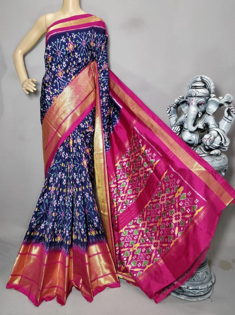 Classic Navy Blue & Deep Pink Ikkat Elegance Handloom Soft Silk Saree SS23102