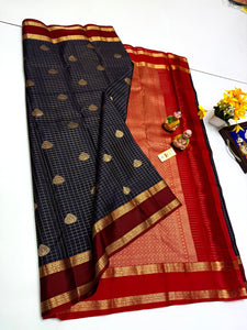 Classic Charcoal Black & Cherry Red Checks Elegance Kanchipuram Handloom Silk Saree SS24063