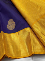 Load image into Gallery viewer, Classic Navy Blue &amp; Mango Yellow 2gm Zari Kanchipuram Handloom Silk Saree SS26216
