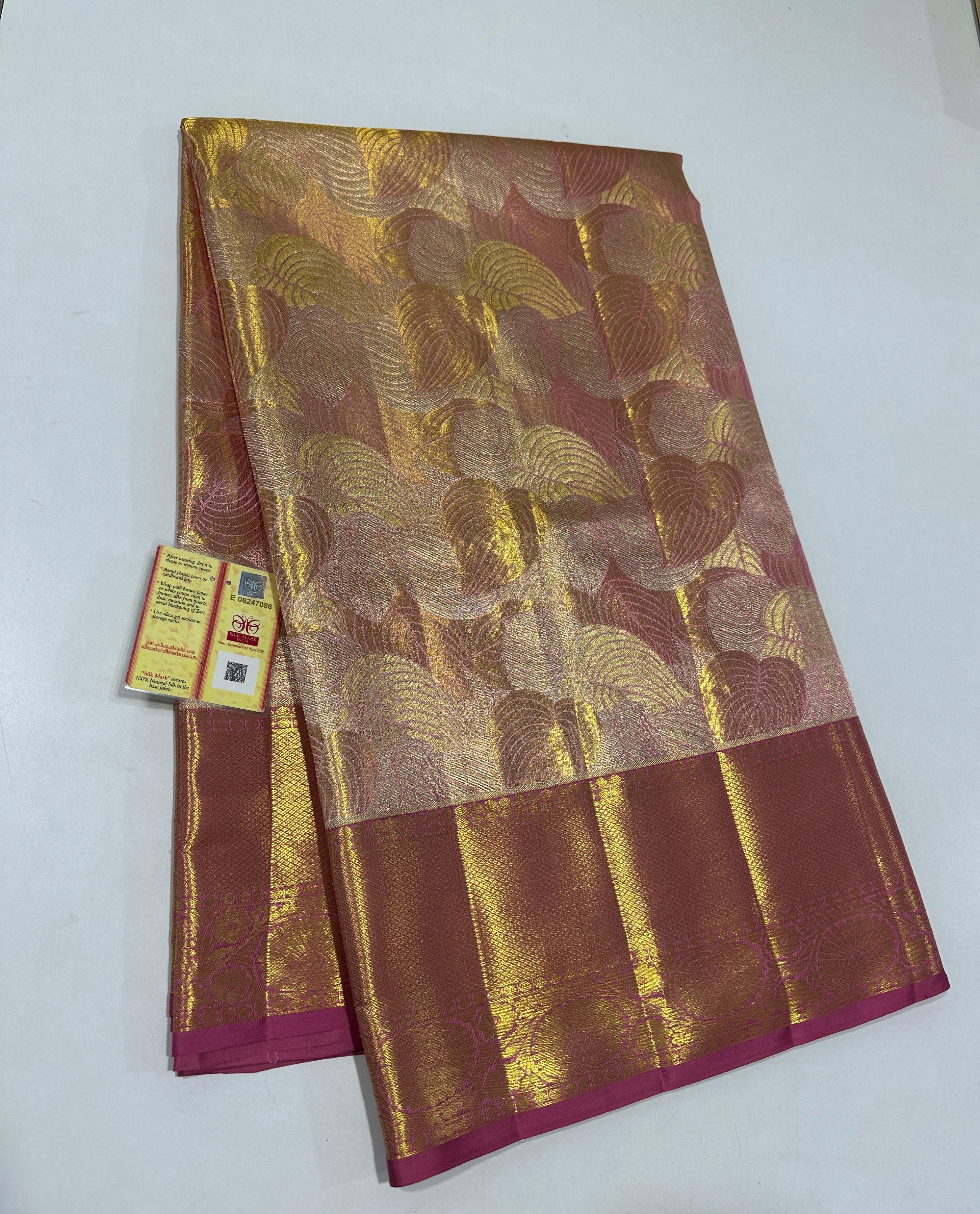 Classic Pastel Rose Brocade Bridal Elegance Kanchipuram Tissue Handloom Silk Saree SS23720