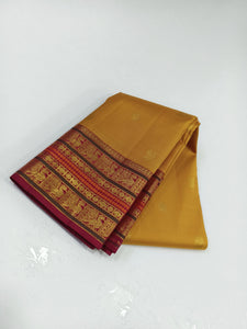 Classic Peanut Butter & Wine Red 2gm Zari Elegance Kanchipuram Handloom Silk Saree SS24814