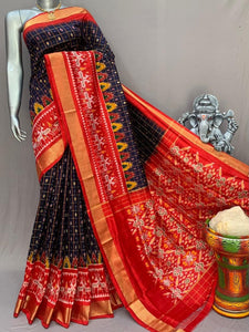 Classic Navy Blue & Orange Ikkat Elegance Handloom Soft Silk Saree SS23141