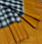 Load image into Gallery viewer, Classic Black Checker &amp; Mustard 2gm Zari Korvai Elegance Kanchipuram Handloom Silk Saree SS27103
