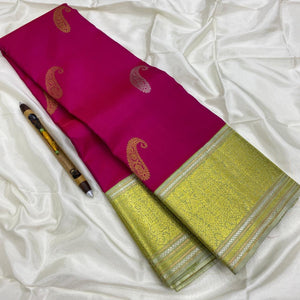 Classic Dark Pink & Oatmeal Beige 2gm Zari Kanchipuram Handloom Silk Saree SS25836