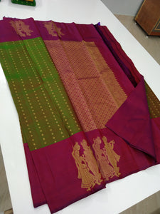 Classic Spring Green & Ruby Pink Elegance Kanchipuram Handloom Silk Saree SS24117