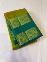 Load image into Gallery viewer, Classic Olive Green &amp; Teal Green 2gm Zari Elegance Kanchipuram Handloom Silk Saree SS27994
