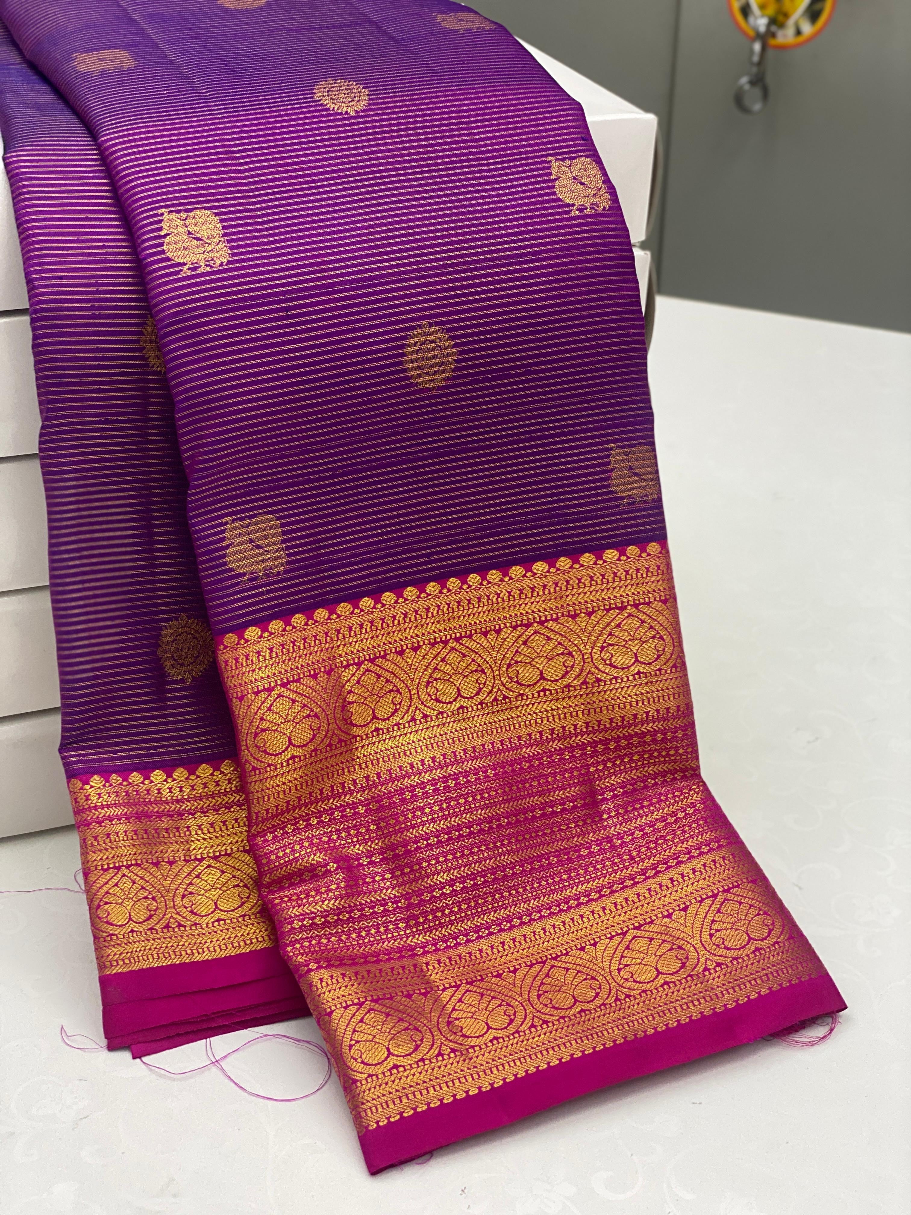 Classic Purple & Dark Cerise Pink 2gm Zari Elegance Kanchipuram Handloom Silk Saree SS23629