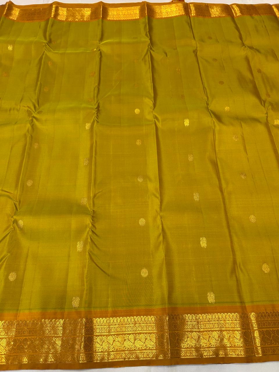 Classic Olive Mustard & Caramel Brown 2gm Zari Elegance Kanchipuram Handloom Silk Saree SS24084