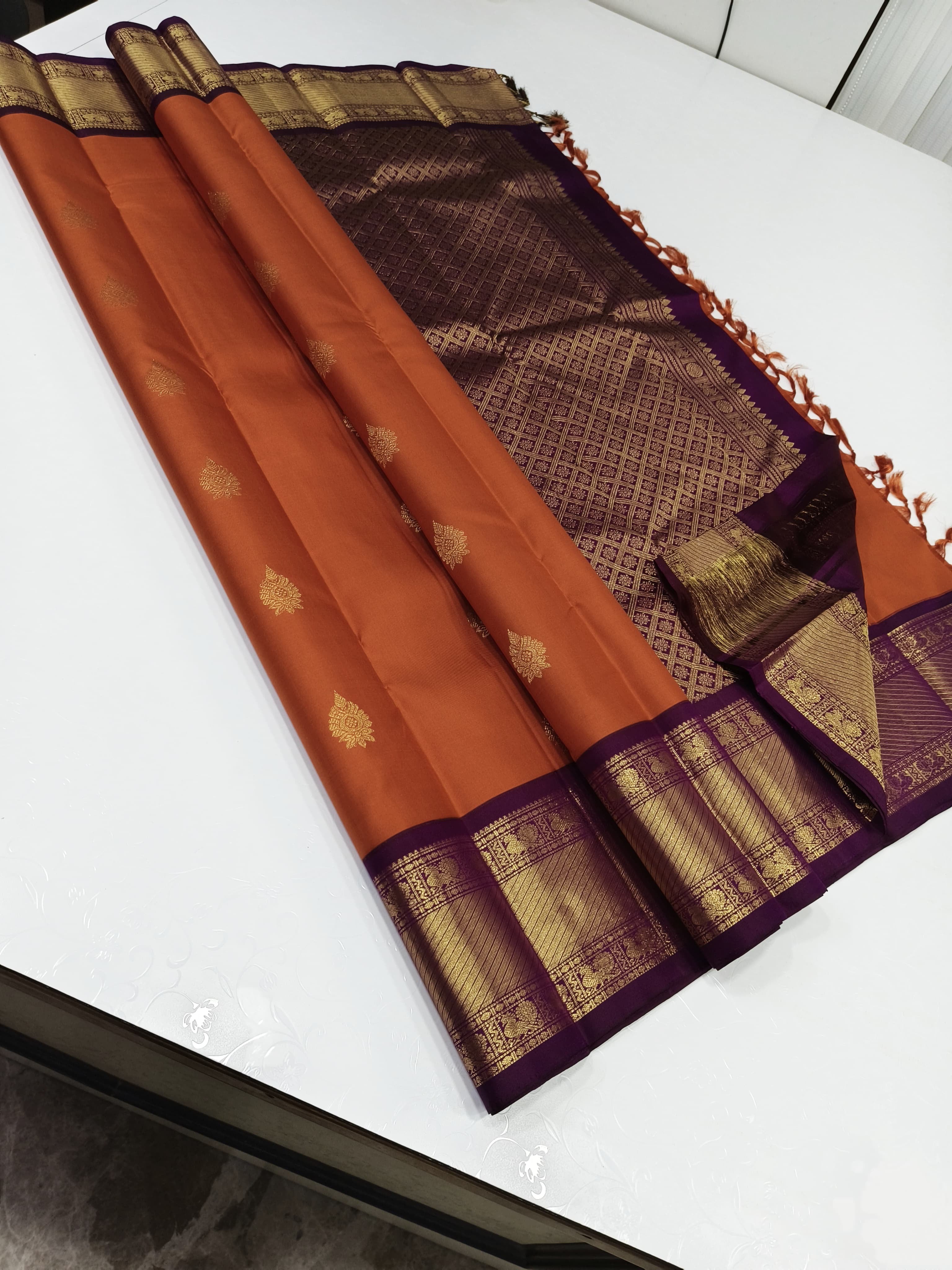 Classic Burnt Orange & Berry Plum 2gm Zari Elegance Kanchipuram Handloom Silk Saree SS24813