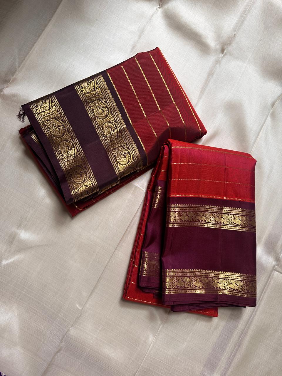 Classic Brick Orange & Coffee Brown 2gm Zari Beldari Kanchipuram Handloom Silk Saree SS26421