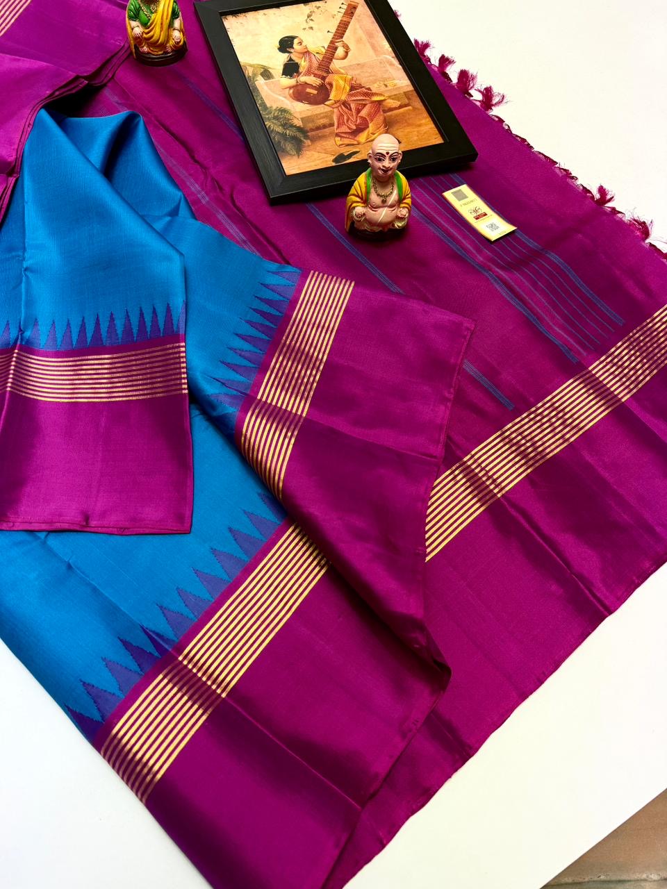 Classic Azure Blue & Creamy Purple Korvai Elegance Kanchipuram Handloom Silk Saree SS24066