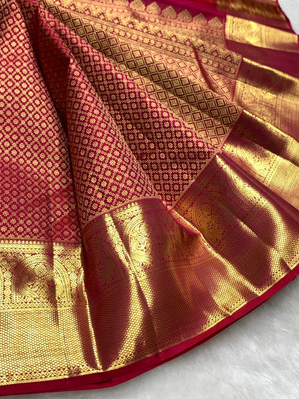 Classic Pinkish Red 2gm Zari Bridal Elegance Kanchipuram Handloom Silk Saree SS25431
