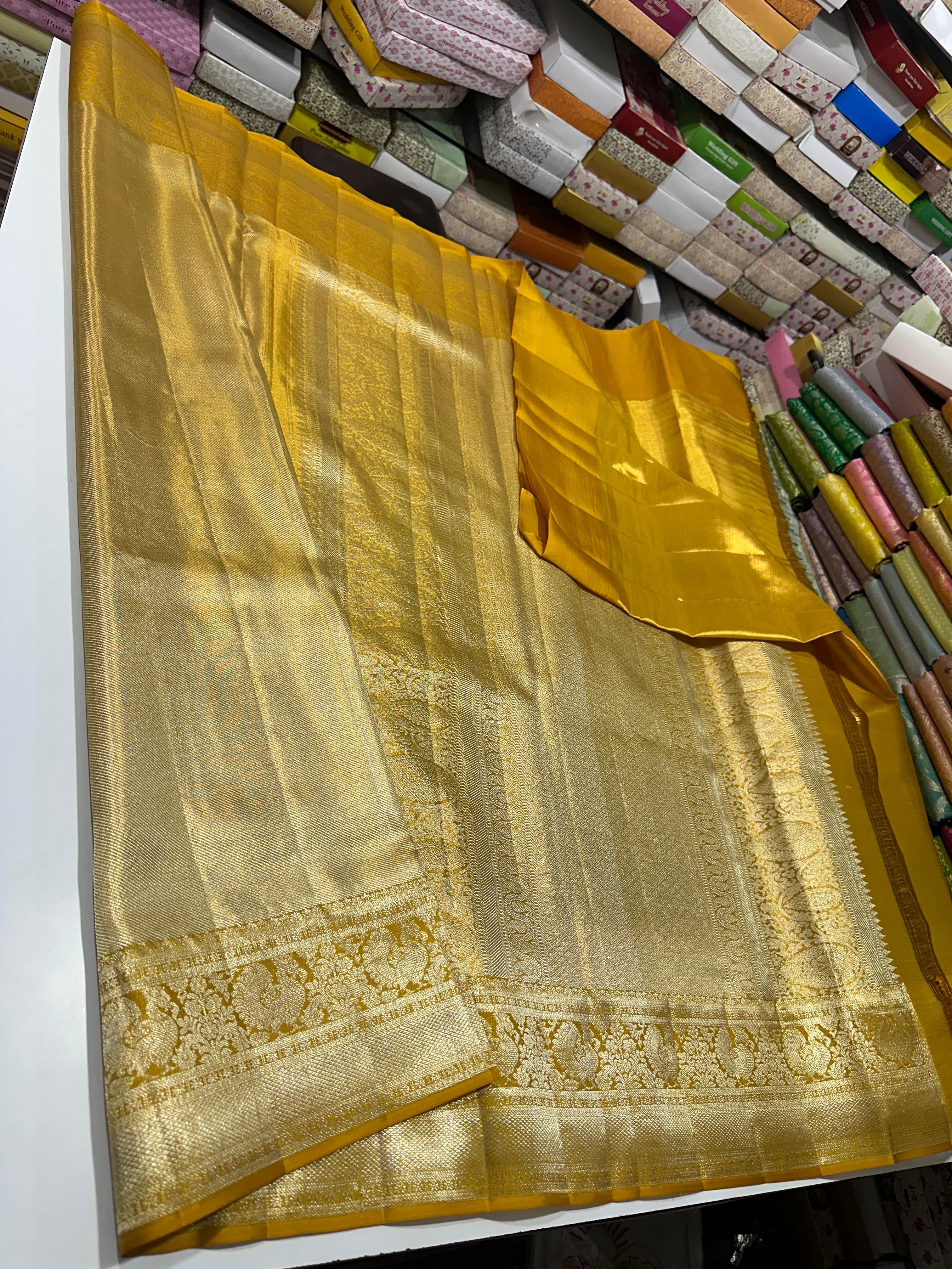 Classic Shimmer Gold & Mustard Bridal Elegance Kanchipuram Tissue Handloom Silk Saree SS25716