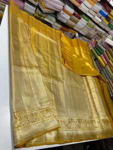 Classic Shimmer Gold & Mustard Bridal Elegance Kanchipuram Tissue Handloom Silk Saree SS25716