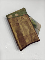 Load image into Gallery viewer, Classic Olive Green &amp; Plum 2gm Zari Digital Print Bridal Elegance Kanchipuram Handloom Silk Saree SS25299
