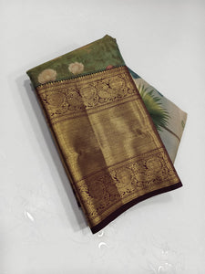 Classic Olive Green & Plum 2gm Zari Digital Print Bridal Elegance Kanchipuram Handloom Silk Saree SS25299