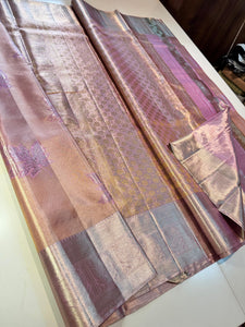 Classic Pastel Shimmer Nude Pink Maple Leaf Designed 2gm Zari Bridal Elegance Kanchipuram Handloom Silk Saree SS25946