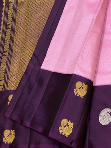 Classic Baby Pink & Plum 2gm Zari Vaira Oosi Checks Kanchipuram Handloom Silk Saree SS26328