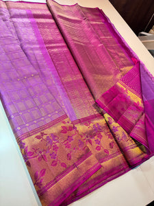 Classic Lavender & Berry Pink 2gm Zari Meenakari Resham Warp Kanchipuram Handloom Silk Saree SS25953