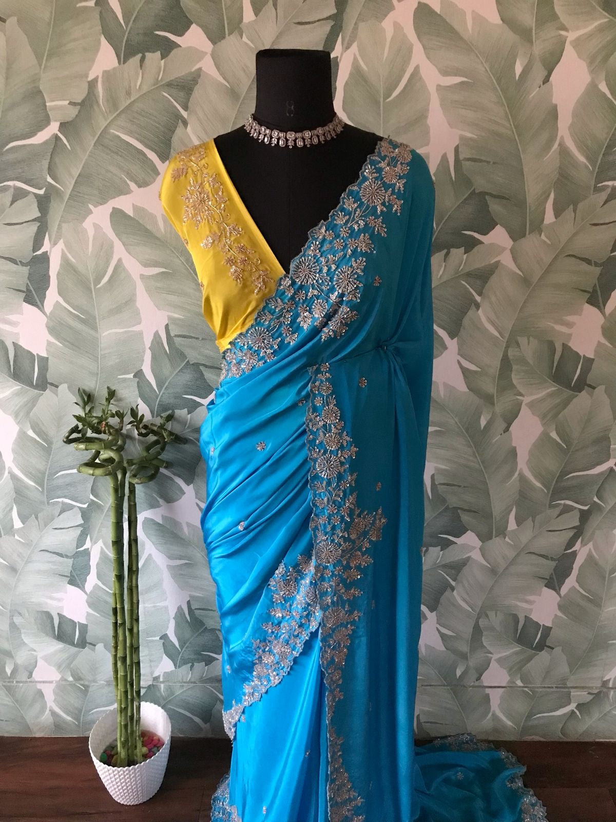 Classic Azure Blue Handwork Elegance Crepe Silk Saree SS24529