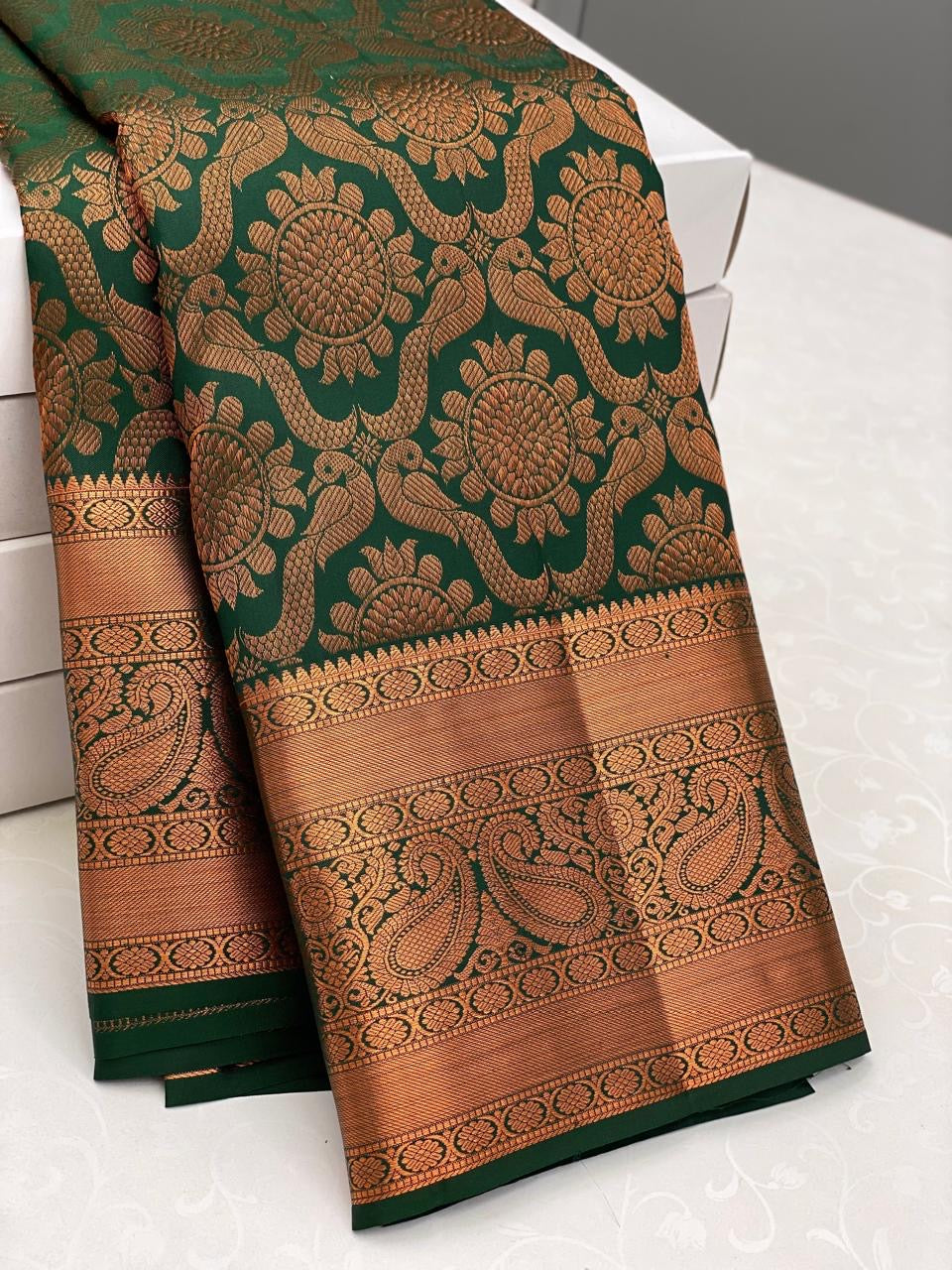 Classic Bottle Green 2gm Zari Elegance Kanchipuram Handloom Silk Saree SS23625