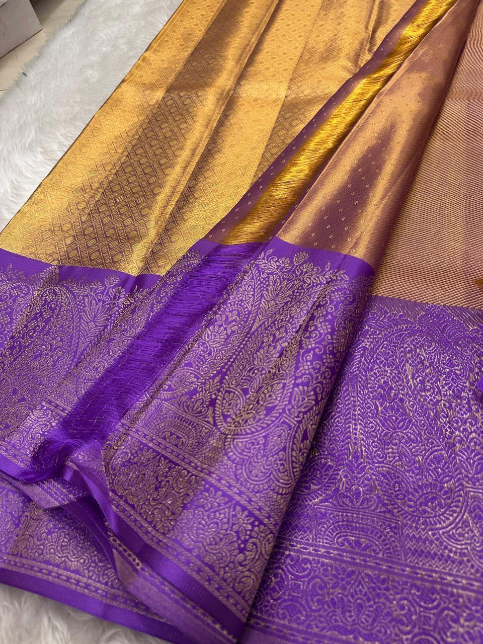 Jyothika inspired Gold & Lavender 2gm Zari Bridal Elegance Kanchipuram Handloom Silk Saree SS24230