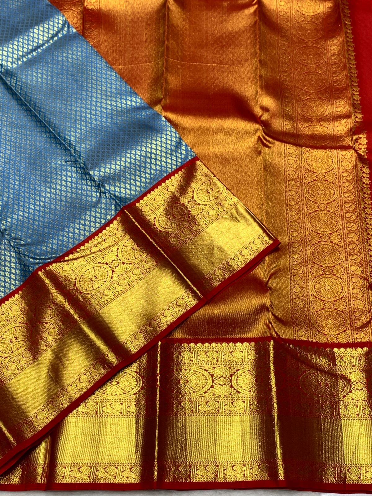 Classic Steel Blue & Brick Red 2gm Zari Bridal Elegance Kanchipuram Handloom Silk Saree SS25835